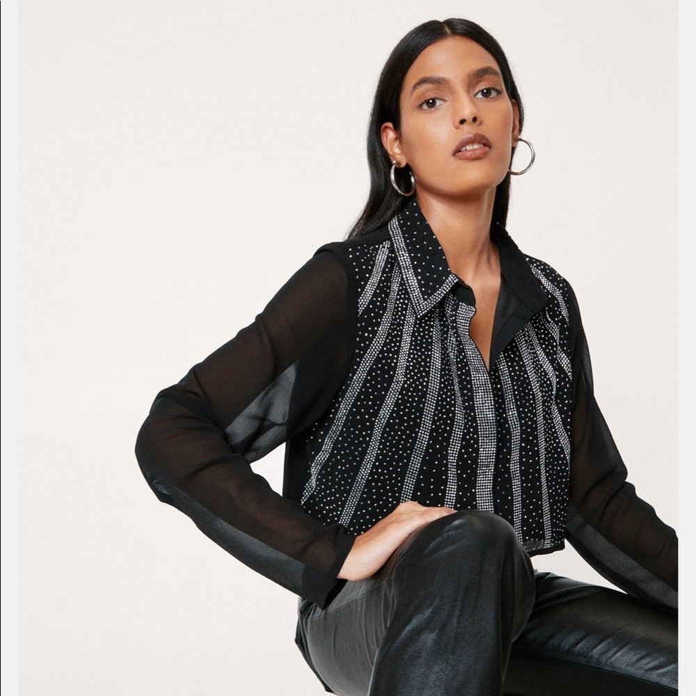 Nasty Gal Mesh Button Down Diamante Detail Cropped Shirt